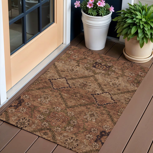 3 X 5 Orange Copper And Brown Floral Washable Indoor Outdoor Area Rug