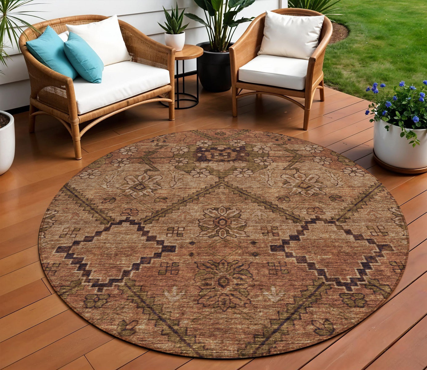 8 Orange Copper And Brown Round Floral Washable Indoor Outdoor Area Rug