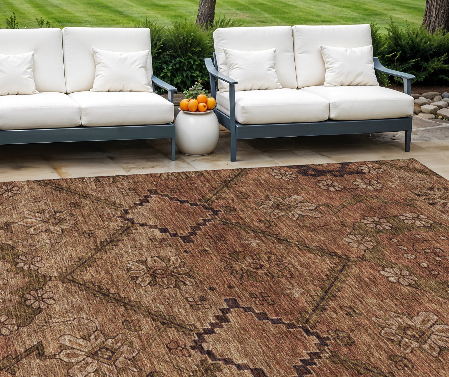 10 X 14 Orange Copper And Brown Floral Washable Indoor Outdoor Area Rug