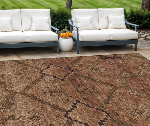 10 X 14 Orange Copper And Brown Floral Washable Indoor Outdoor Area Rug