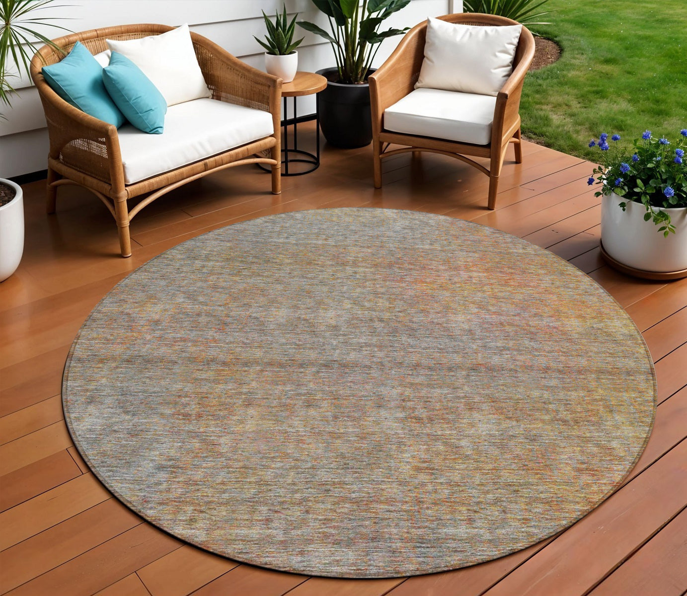 8 Gray Charcoal And Orange Round Abstract Washable Indoor Outdoor Area Rug