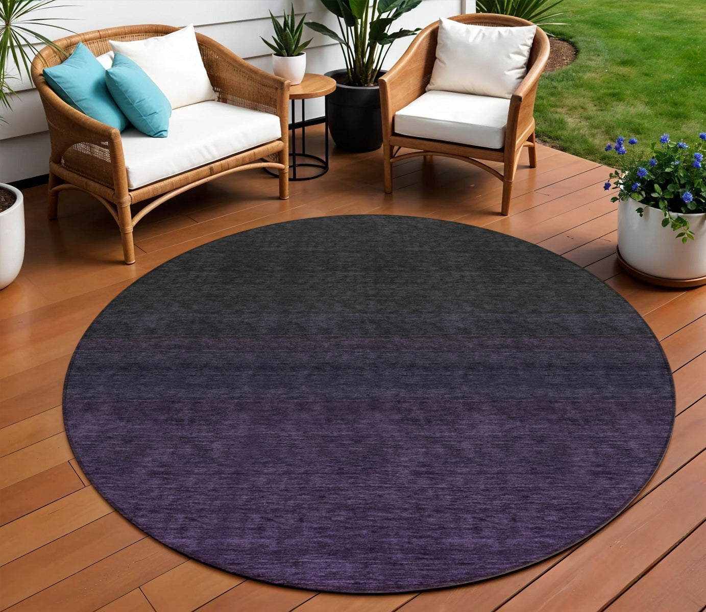 8 Eggplant Purple And Charcoal Round Abstract Washable Indoor Outdoor Area Rug