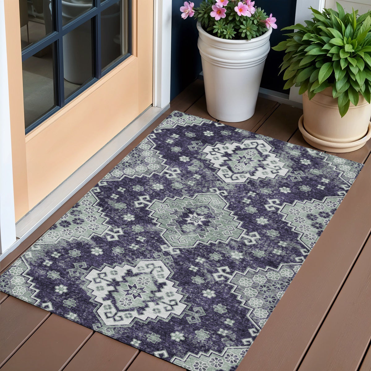 3 X 5 Purple Eggplant And Sage Medallion Washable Indoor Outdoor Area Rug