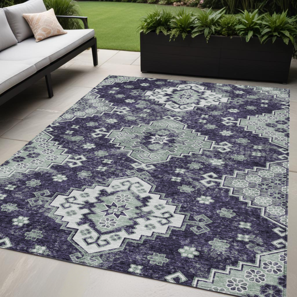 5 X 8 Purple Eggplant And Sage Medallion Washable Indoor Outdoor Area Rug
