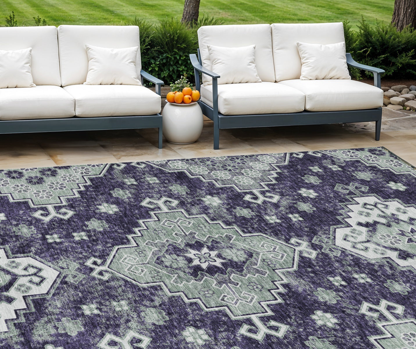 8 X 10 Purple Eggplant And Sage Medallion Washable Indoor Outdoor Area Rug