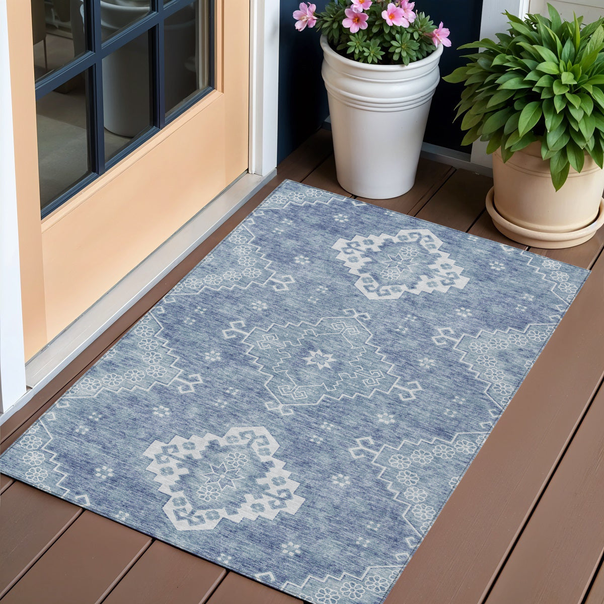 3 X 5 Navy Blue And Denim Blue Medallion Washable Indoor Outdoor Area Rug