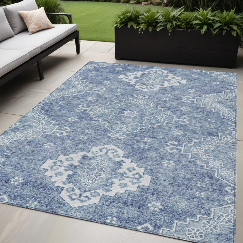 5 X 8 Navy Blue And Denim Blue Medallion Washable Indoor Outdoor Area Rug