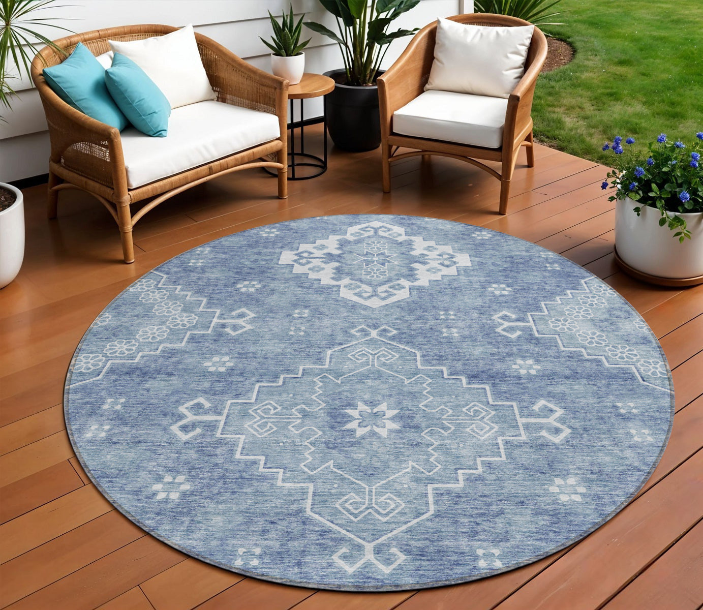 8 Navy Blue And Denim Blue Round Medallion Washable Indoor Outdoor Area Rug