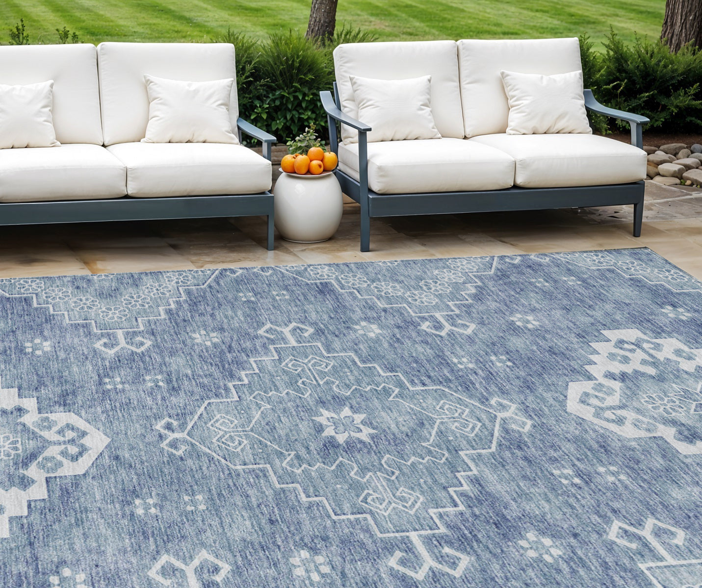8 X 10 Navy Blue And Denim Blue Medallion Washable Indoor Outdoor Area Rug