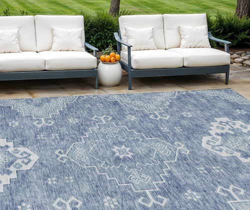 10 X 14 Navy Blue And Denim Blue Medallion Washable Indoor Outdoor Area Rug