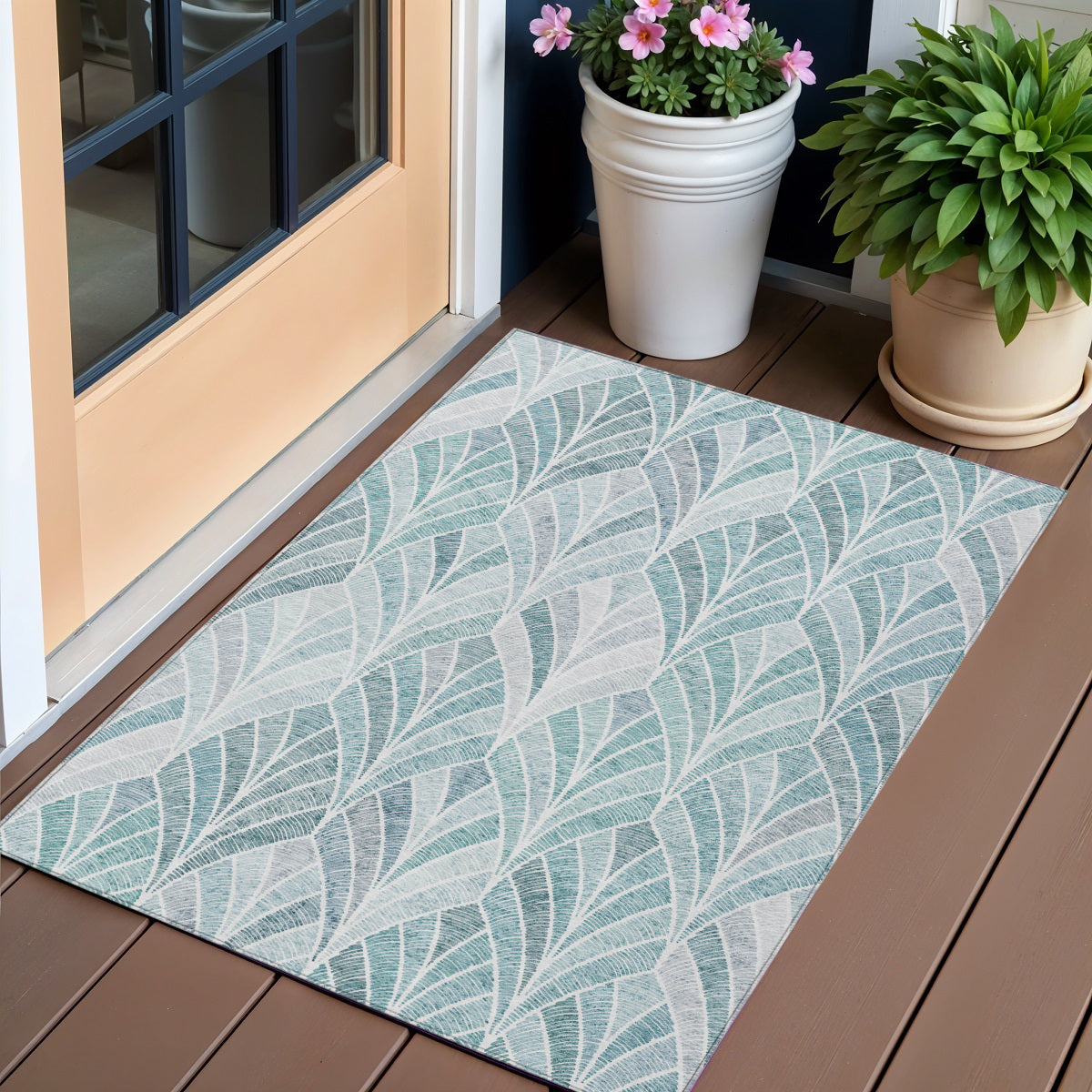 3 X 5 Aqua Mint Green And Silver Geometric Washable Indoor Outdoor Area Rug