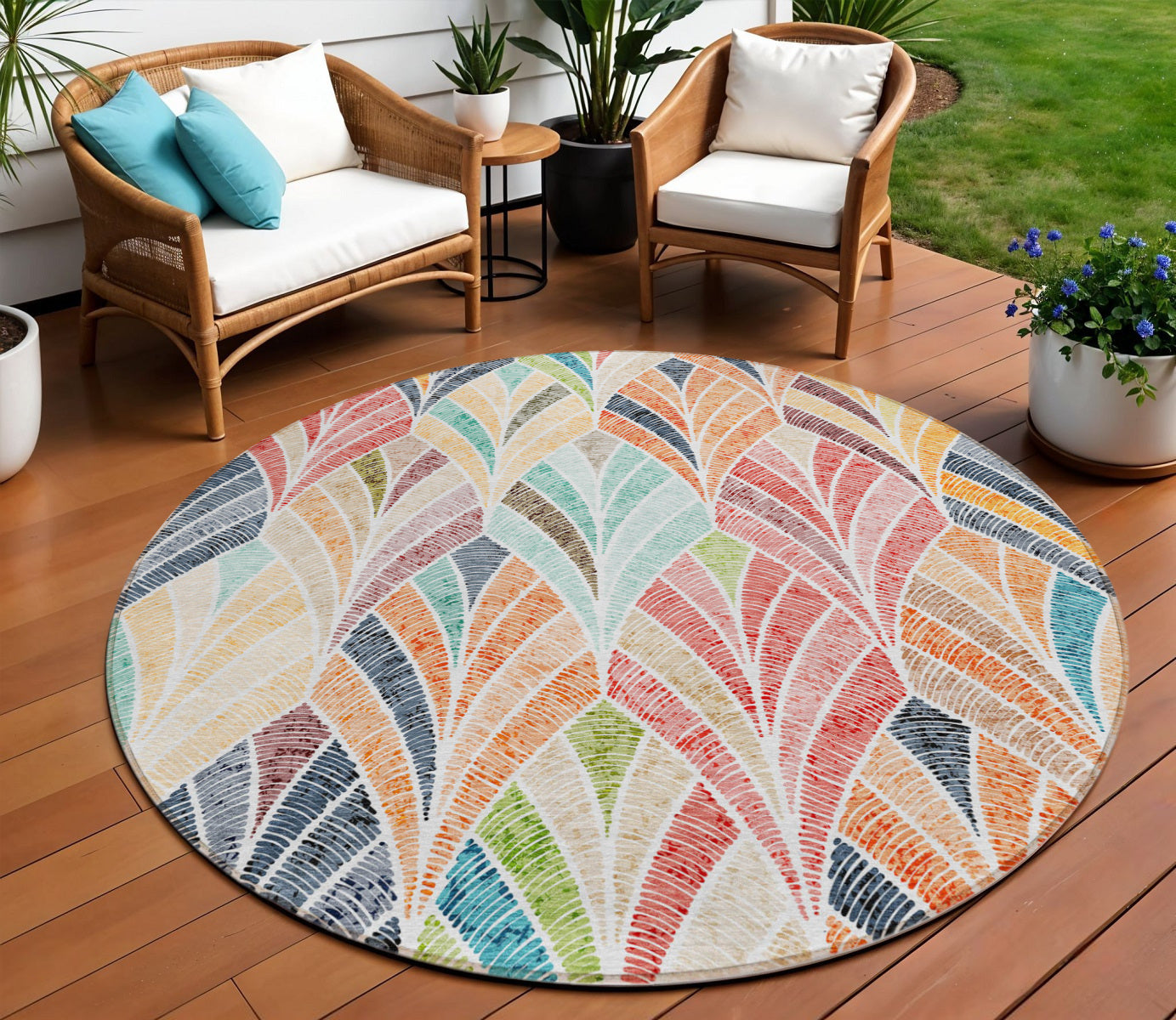8 Orange Copper And Gold Round Geometric Washable Indoor Outdoor Area Rug