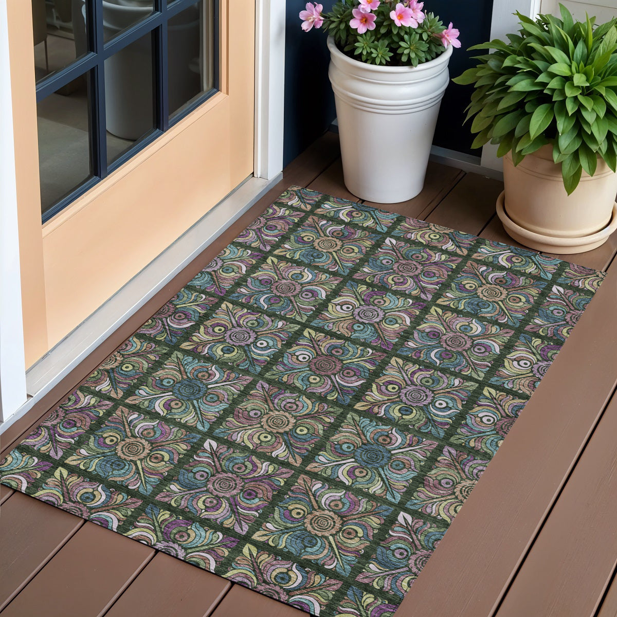 3 X 5 Fern Green Purple And Teal Blue Medallion Washable Indoor Outdoor Area Rug