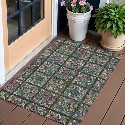 3 X 5 Fern Green Purple And Teal Blue Medallion Washable Indoor Outdoor Area Rug