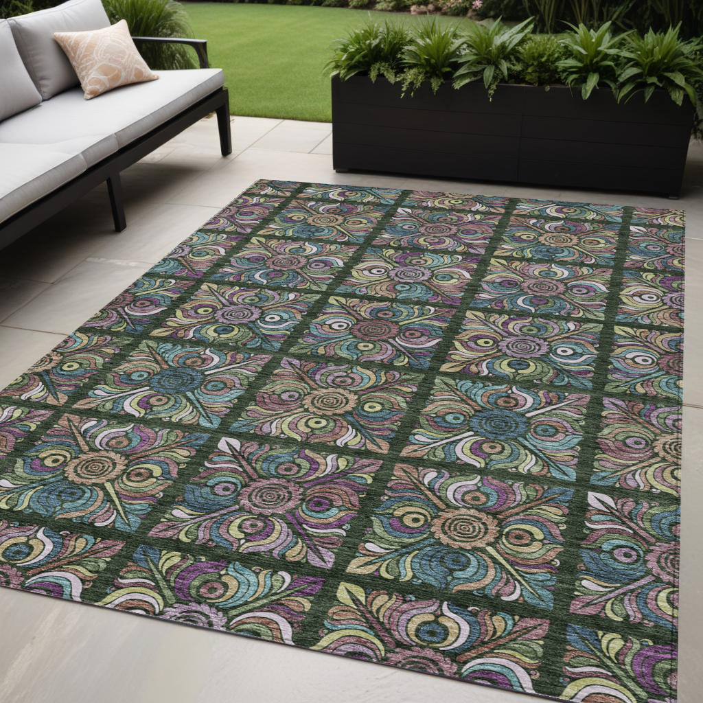 5 X 8 Fern Green Purple And Teal Blue Medallion Washable Indoor Outdoor Area Rug