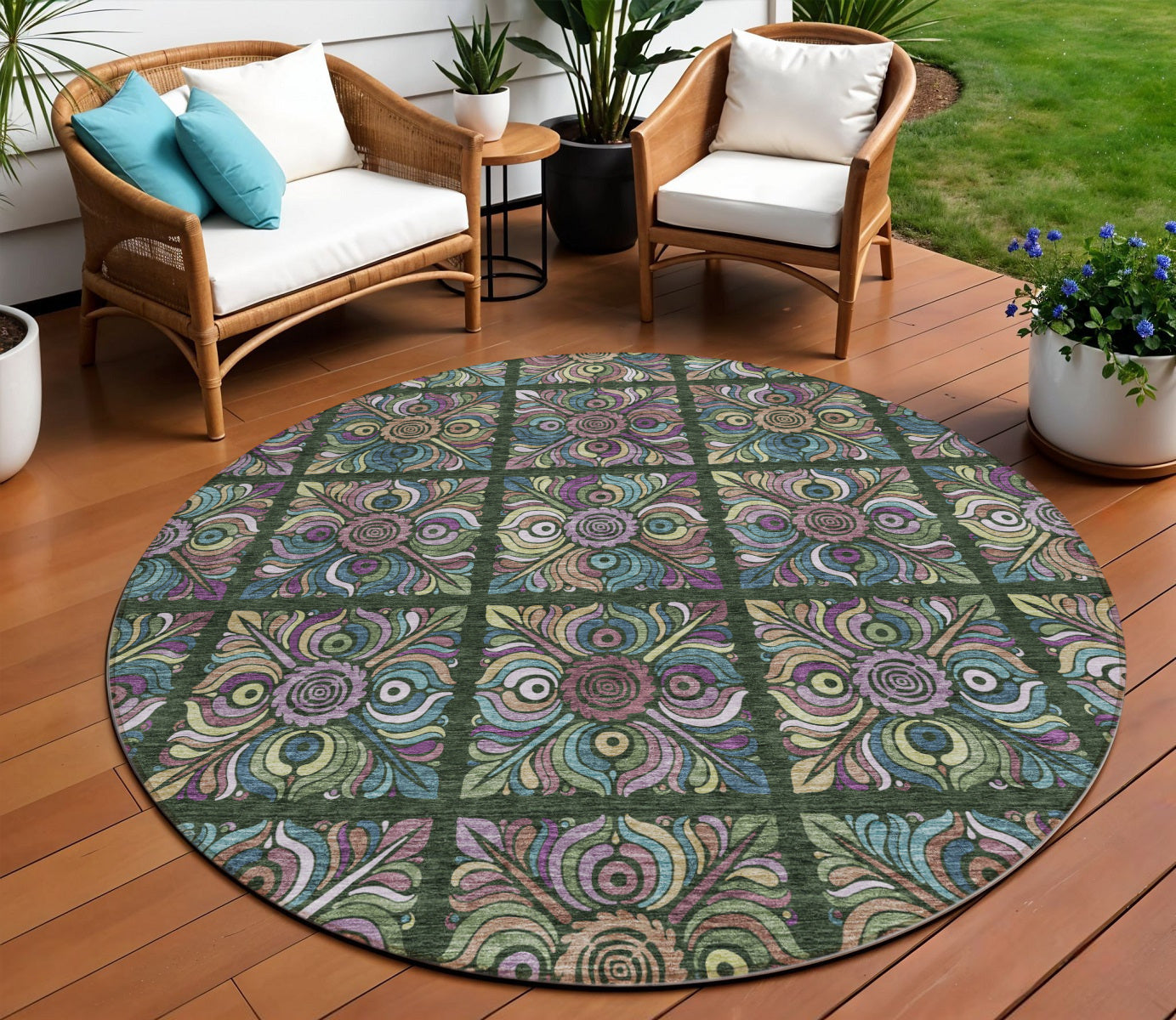 8 Fern Green Purple And Teal Blue Round Medallion Washable Indoor Outdoor Area Rug