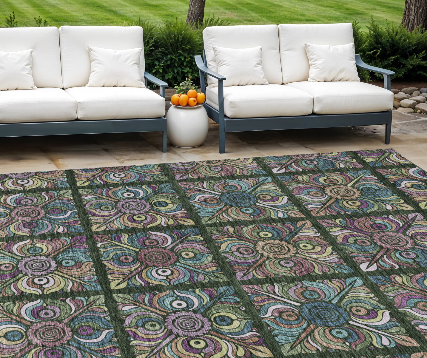9 X 12 Fern Green Purple And Teal Blue Medallion Washable Indoor Outdoor Area Rug