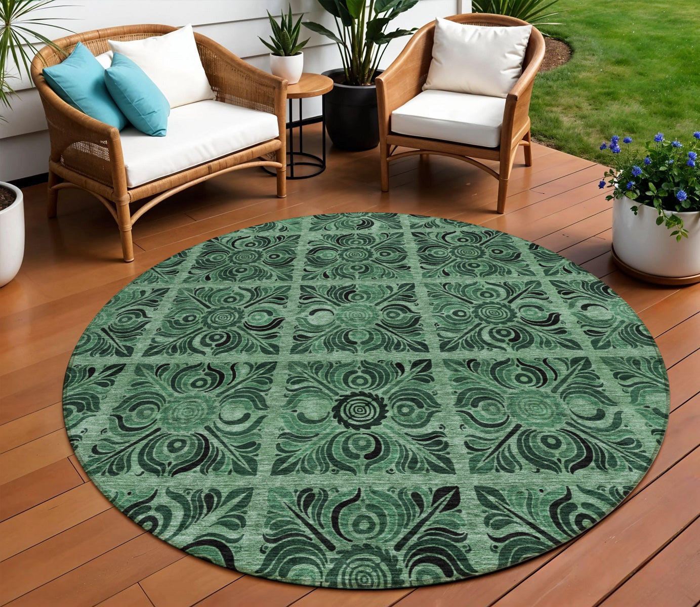 8 Fern Green And Charcoal Round Medallion Washable Indoor Outdoor Area Rug