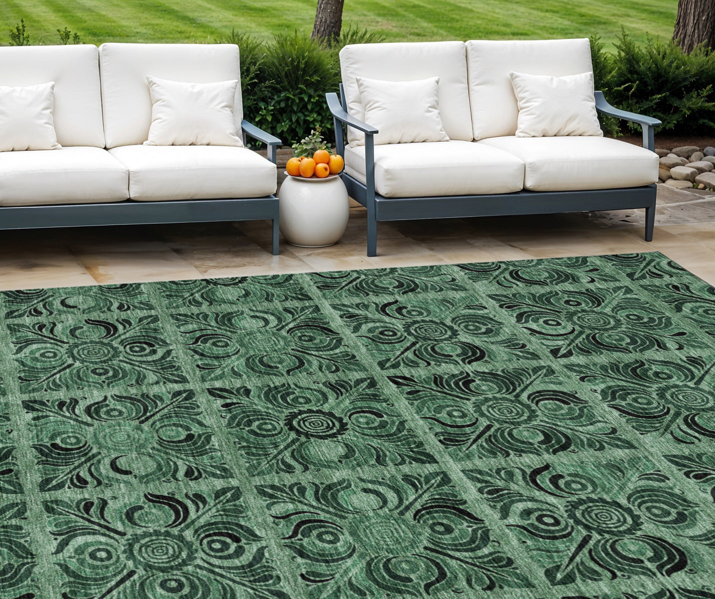 9 X 12 Fern Green And Charcoal Medallion Washable Indoor Outdoor Area Rug