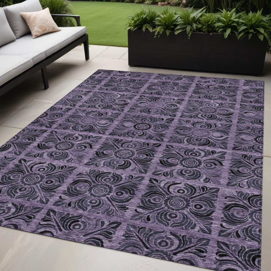 5 X 8 Purple Plum And Charcoal Medallion Washable Indoor Outdoor Area Rug