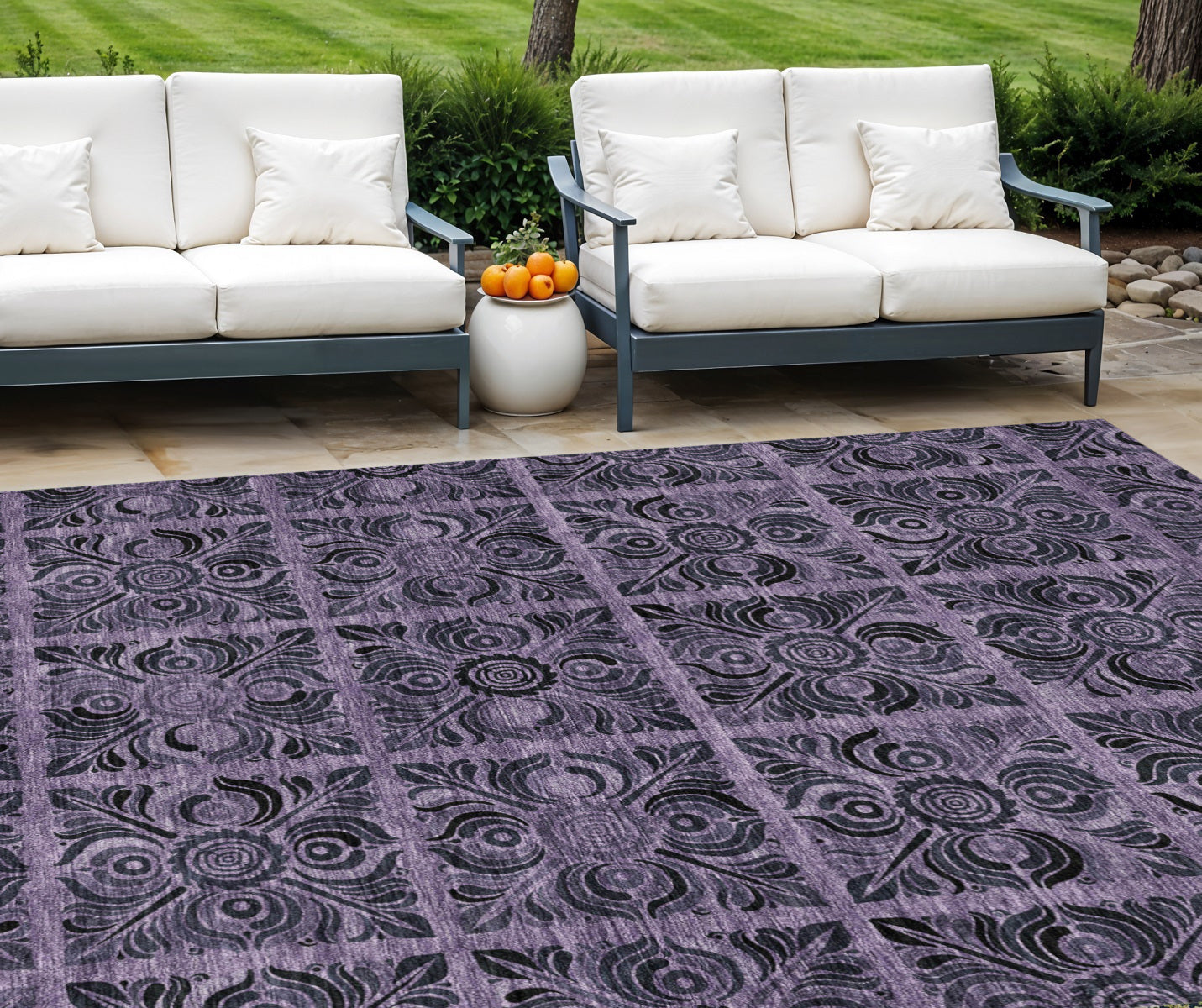 9 X 12 Purple Plum And Charcoal Medallion Washable Indoor Outdoor Area Rug