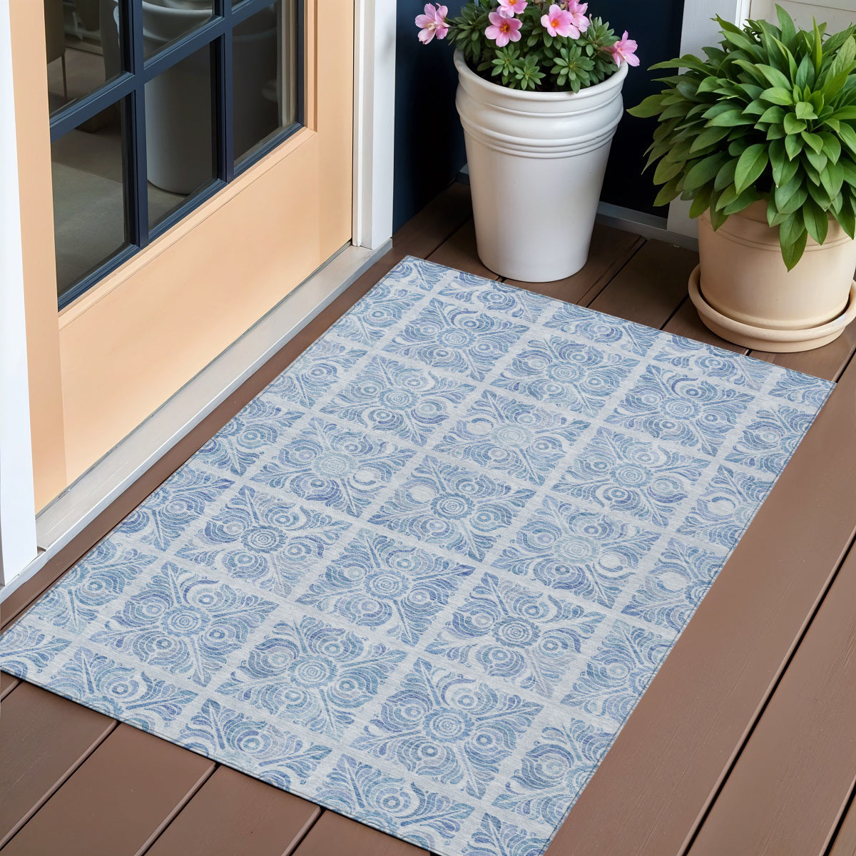 3 X 5 Sky Blue And Denim Blue Medallion Washable Indoor Outdoor Area Rug