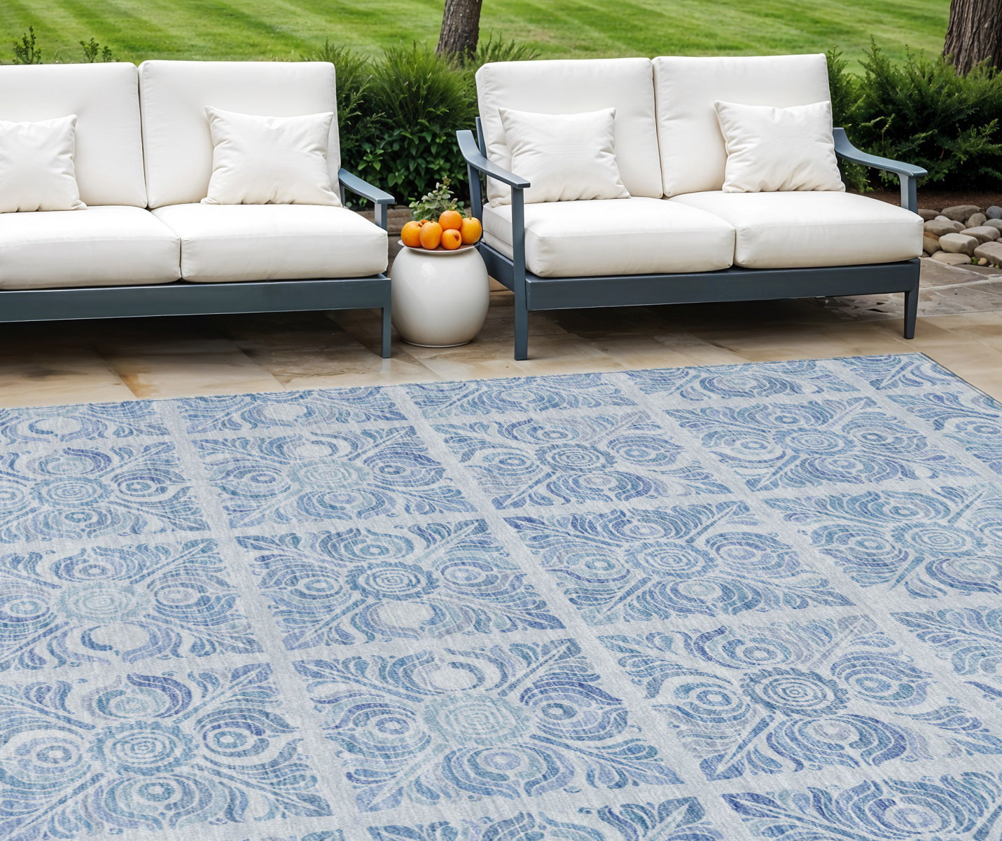 10 X 14 Sky Blue And Denim Blue Medallion Washable Indoor Outdoor Area Rug