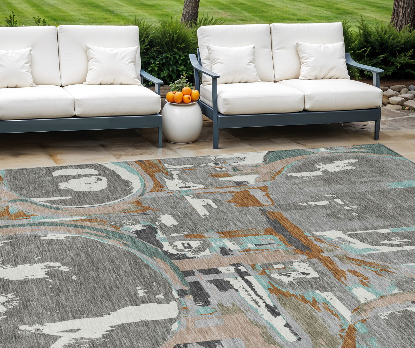 10 X 14 Gray Copper And Mint Green Geometric Washable Indoor Outdoor Area Rug