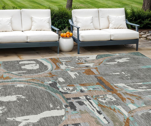 10 X 14 Gray Copper And Mint Green Geometric Washable Indoor Outdoor Area Rug