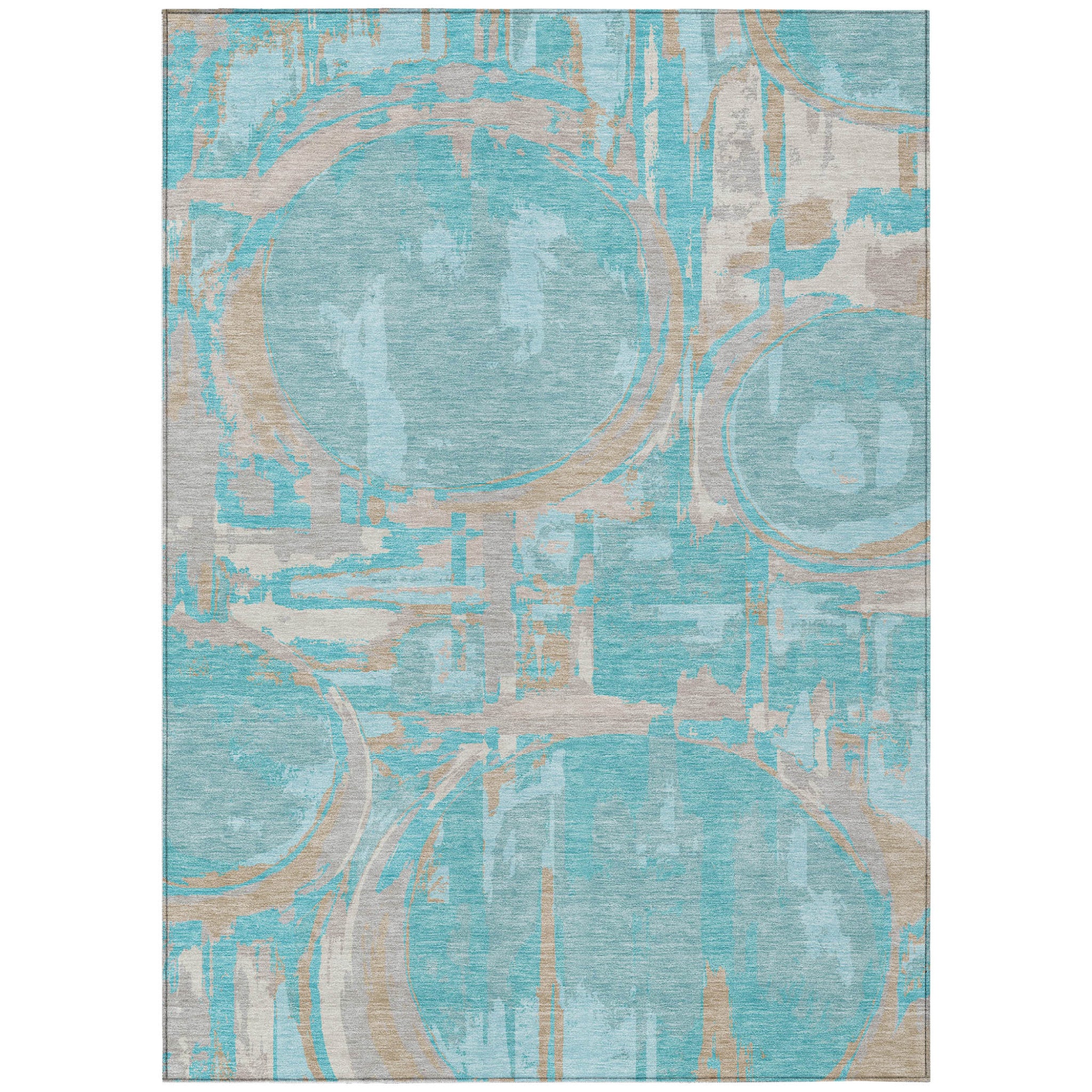 3 X 5 Teal Blue Aqua And Taupe Geometric Washable Indoor Outdoor Area Rug