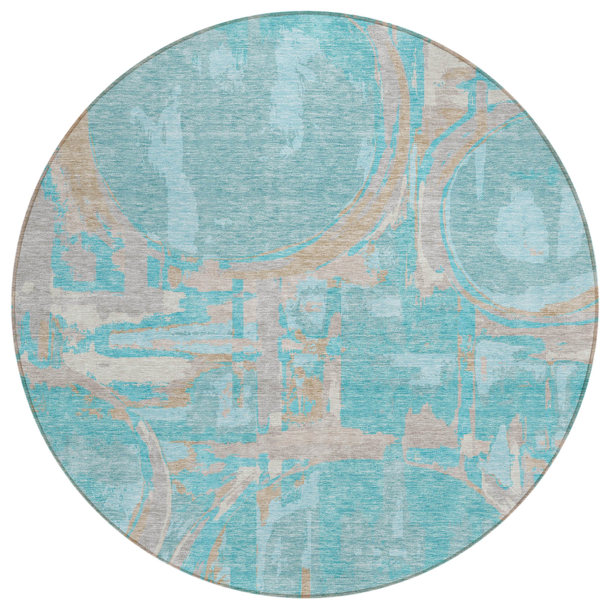 8 Teal Blue Aqua And Taupe Round Geometric Washable Indoor Outdoor Area Rug