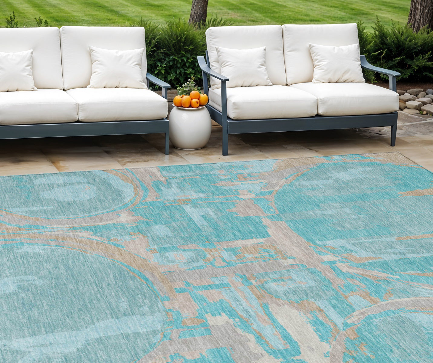 10 X 14 Teal Blue Aqua And Taupe Geometric Washable Indoor Outdoor Area Rug