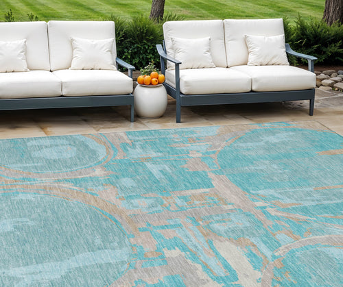 10 X 14 Teal Blue Aqua And Taupe Geometric Washable Indoor Outdoor Area Rug