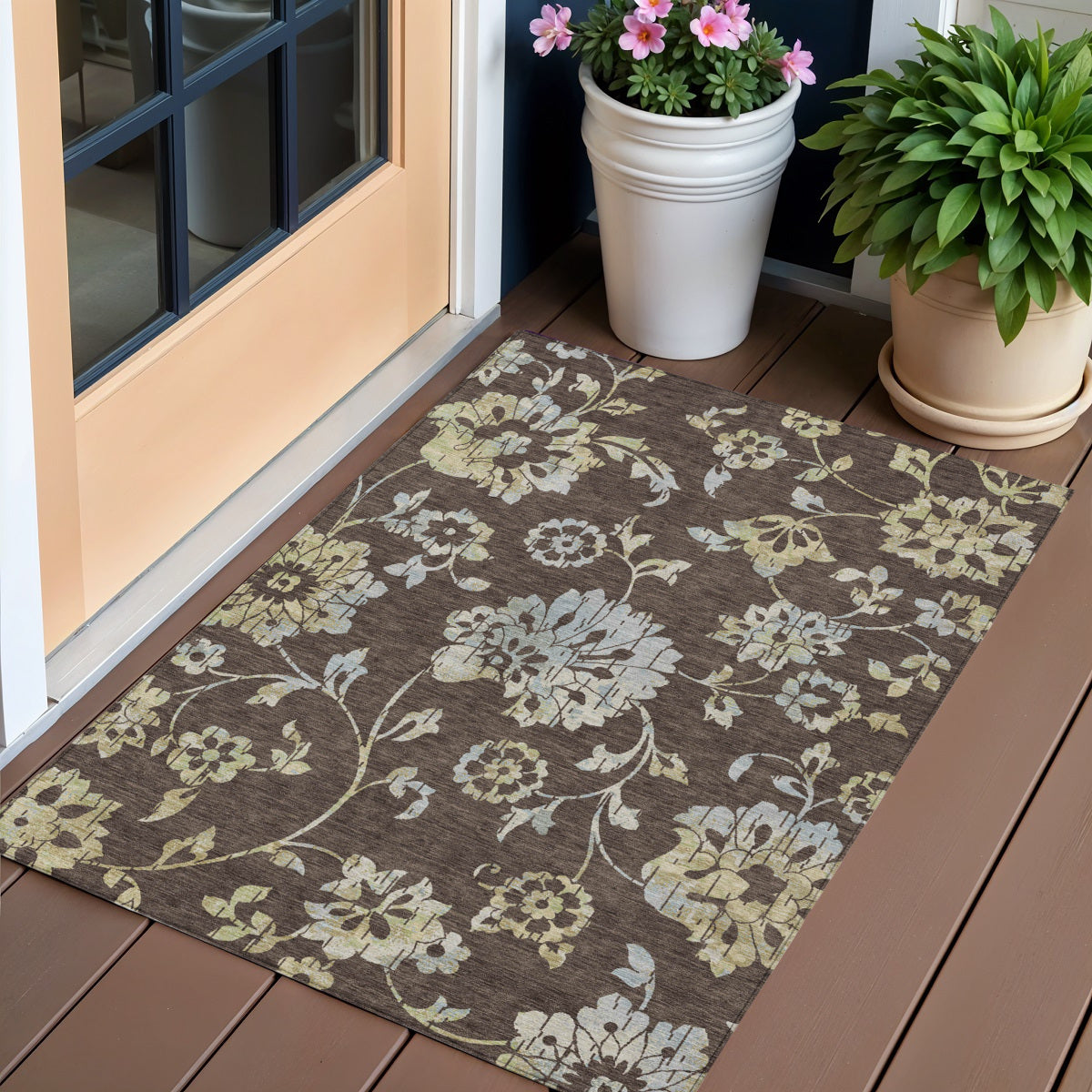 3 X 5 Chocolate Sky Blue And Artichoke Green Floral Washable Indoor Outdoor Area Rug