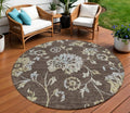 8 Chocolate Sky Blue And Artichoke Green Round Floral Washable Indoor Outdoor Area Rug