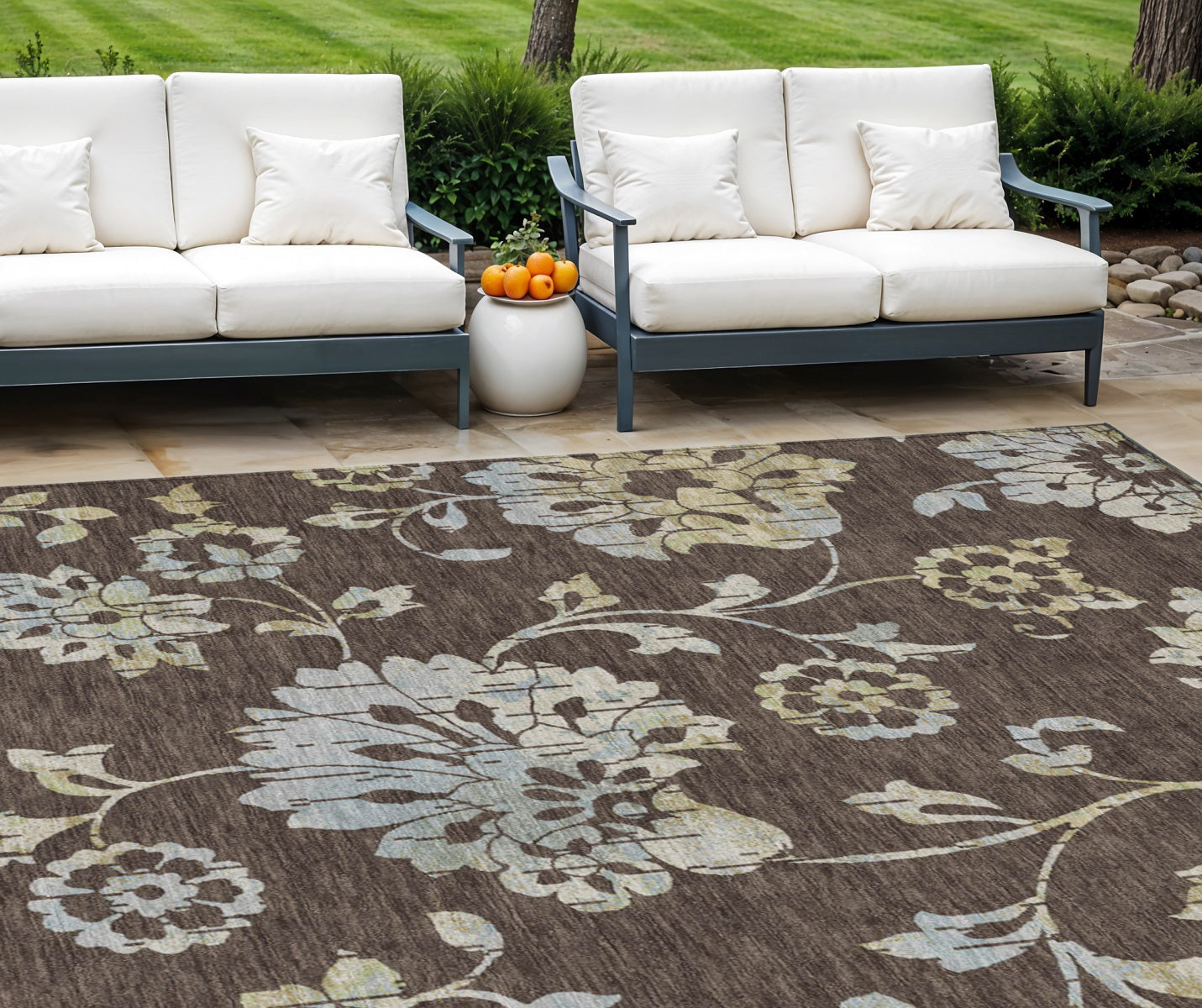 9 X 12 Chocolate Sky Blue And Artichoke Green Floral Washable Indoor Outdoor Area Rug