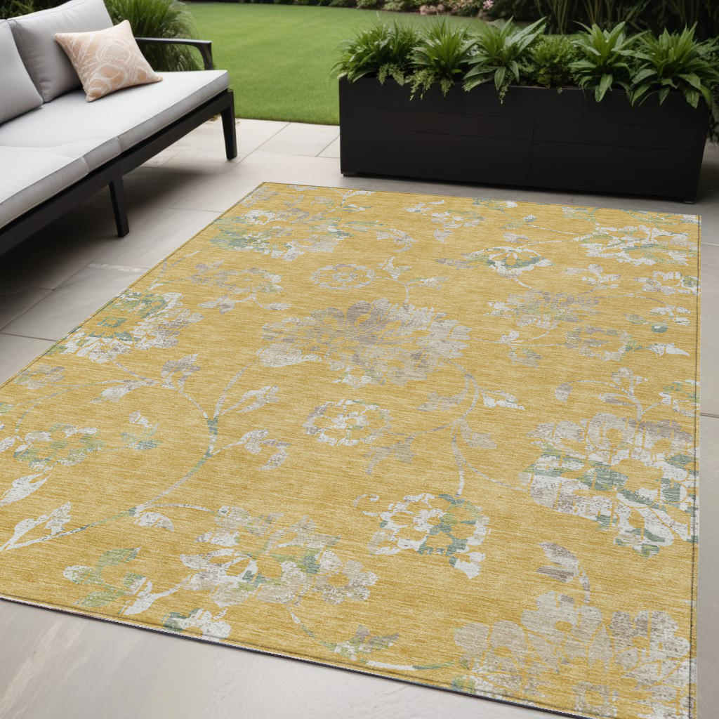 5 X 8 Gold Beige And Fern Green Floral Washable Indoor Outdoor Area Rug