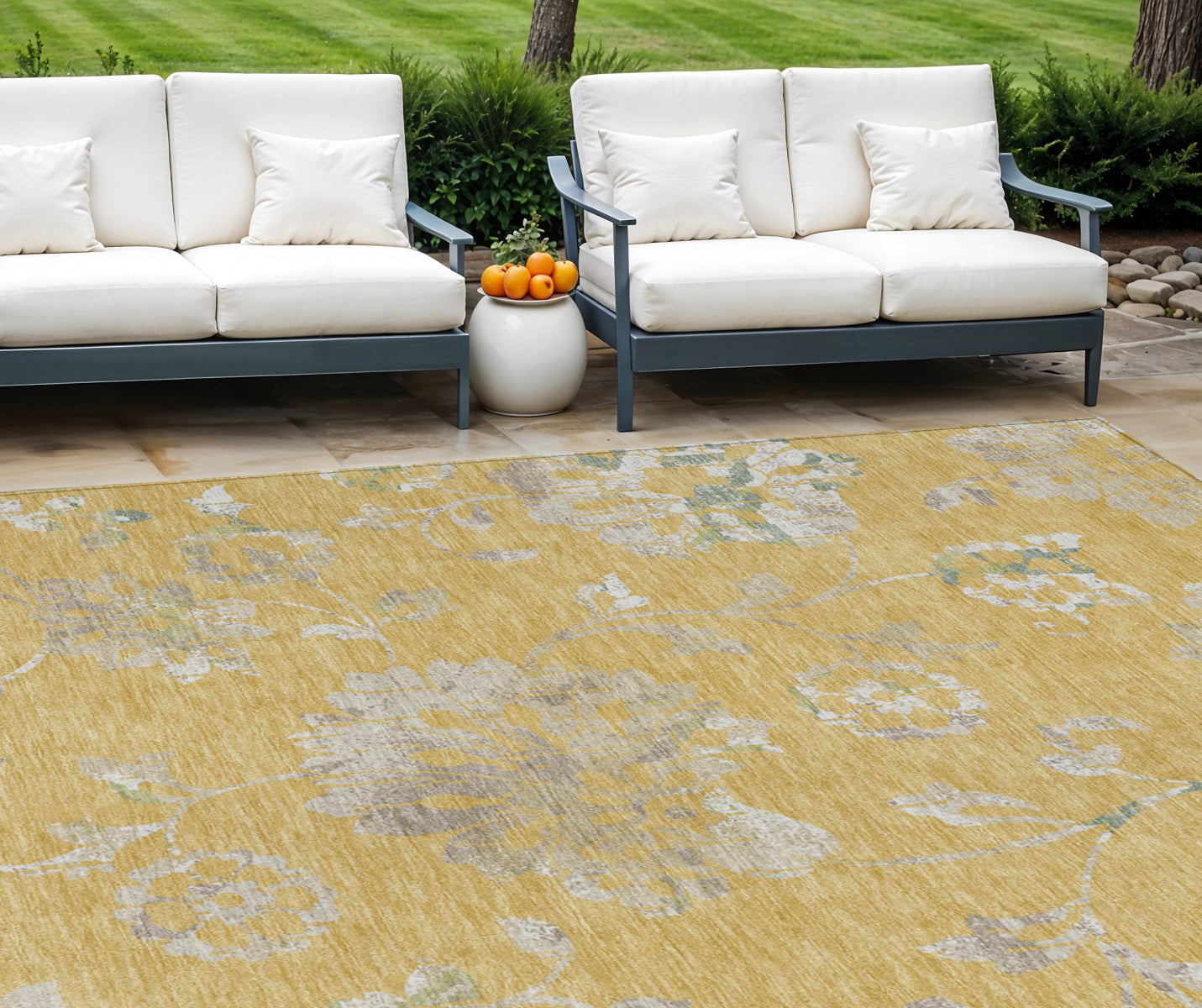 9 X 12 Gold Beige And Fern Green Floral Washable Indoor Outdoor Area Rug