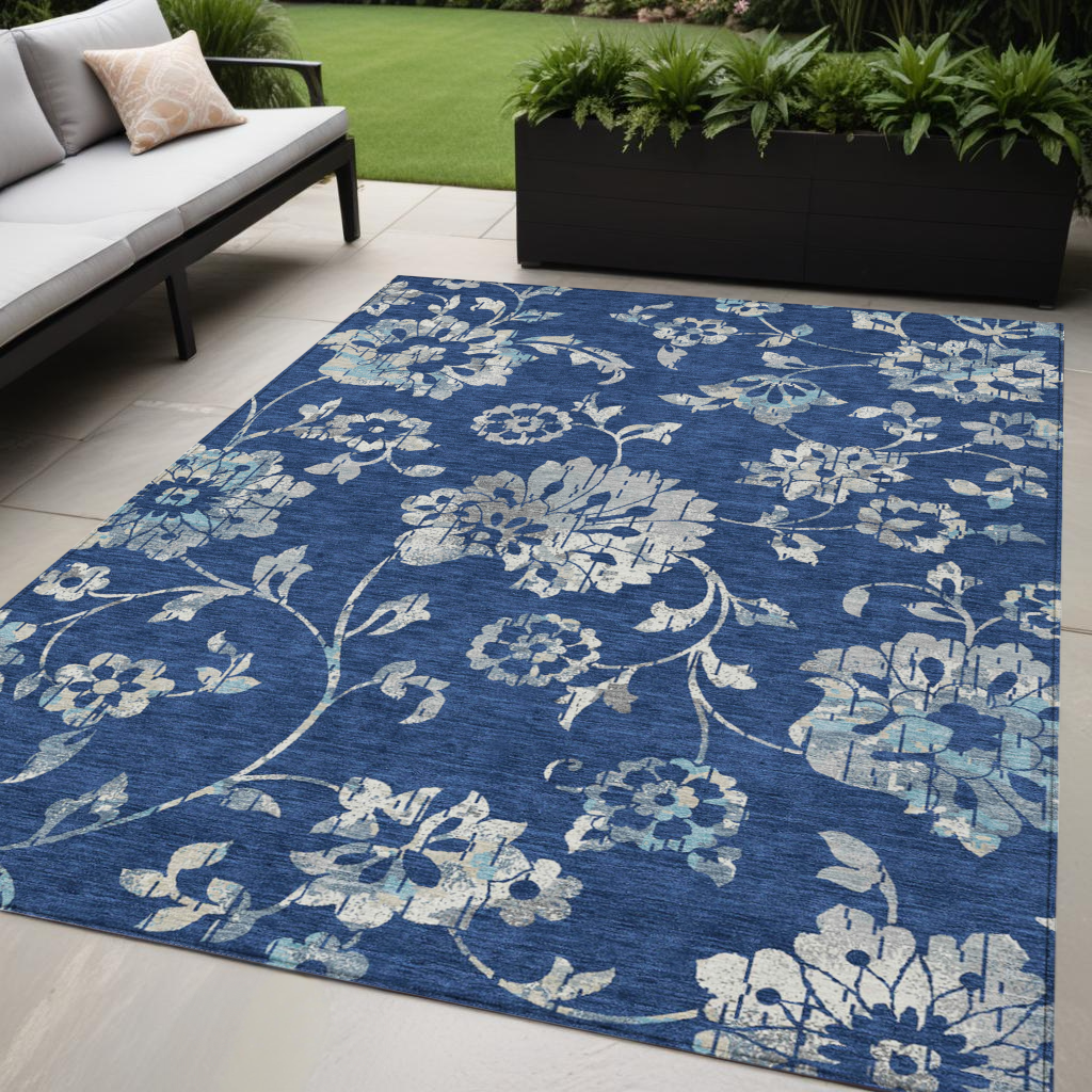 5 X 8 Navy Blue And Gray Floral Washable Indoor Outdoor Area Rug