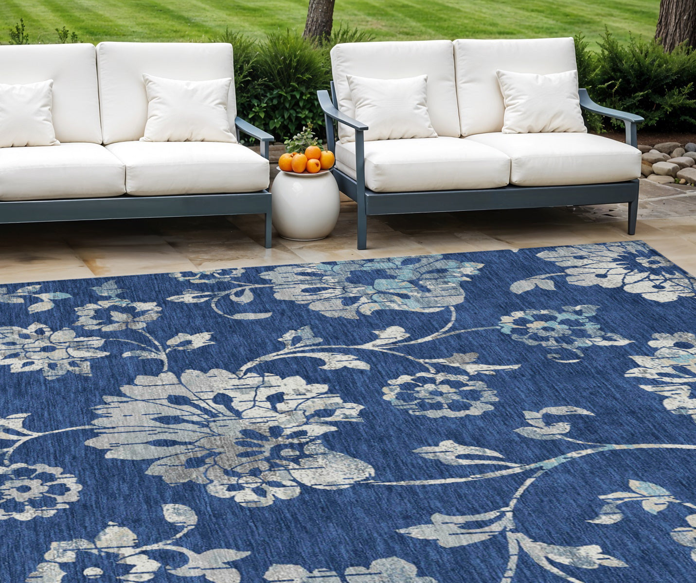 8 X 10 Navy Blue And Gray Floral Washable Indoor Outdoor Area Rug