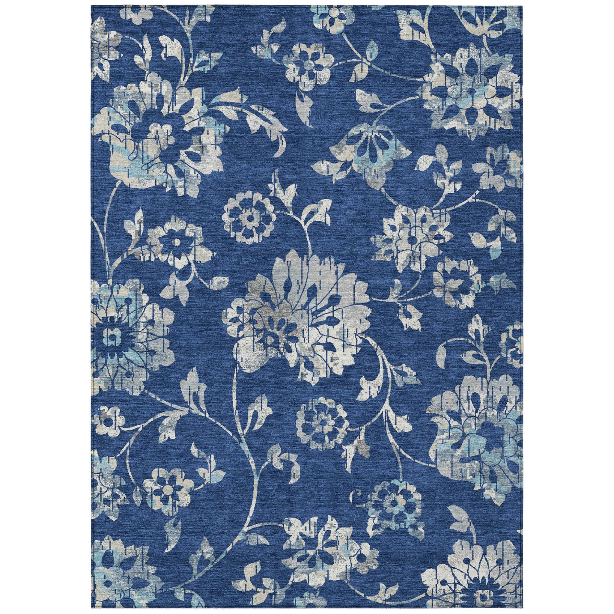 10 X 14 Navy Blue And Gray Floral Washable Indoor Outdoor Area Rug