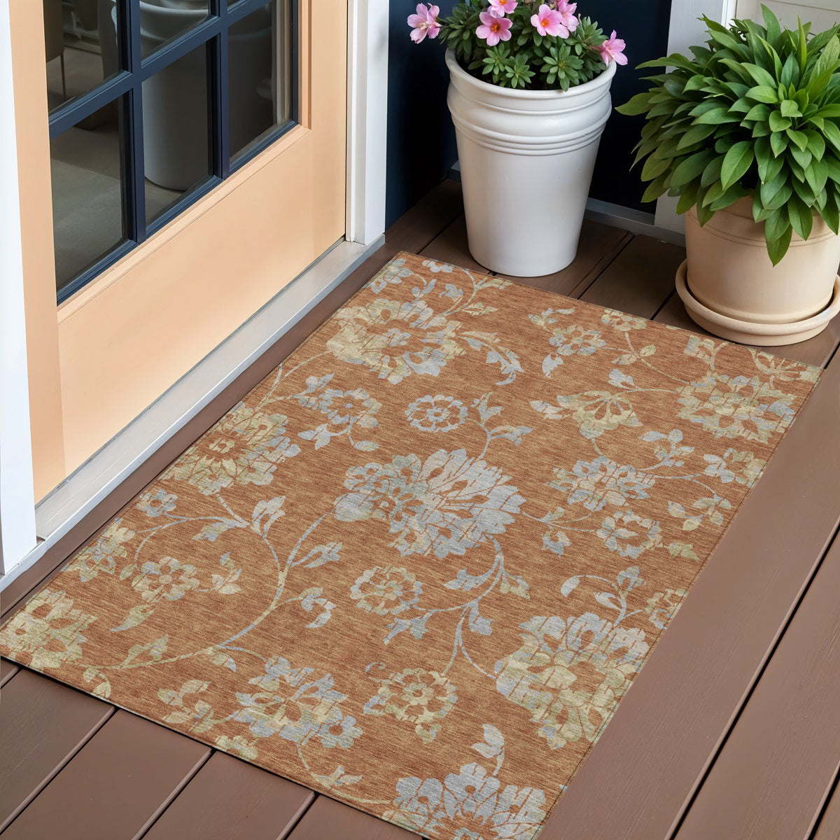 3 X 5 Orange Copper And Gray Floral Washable Indoor Outdoor Area Rug