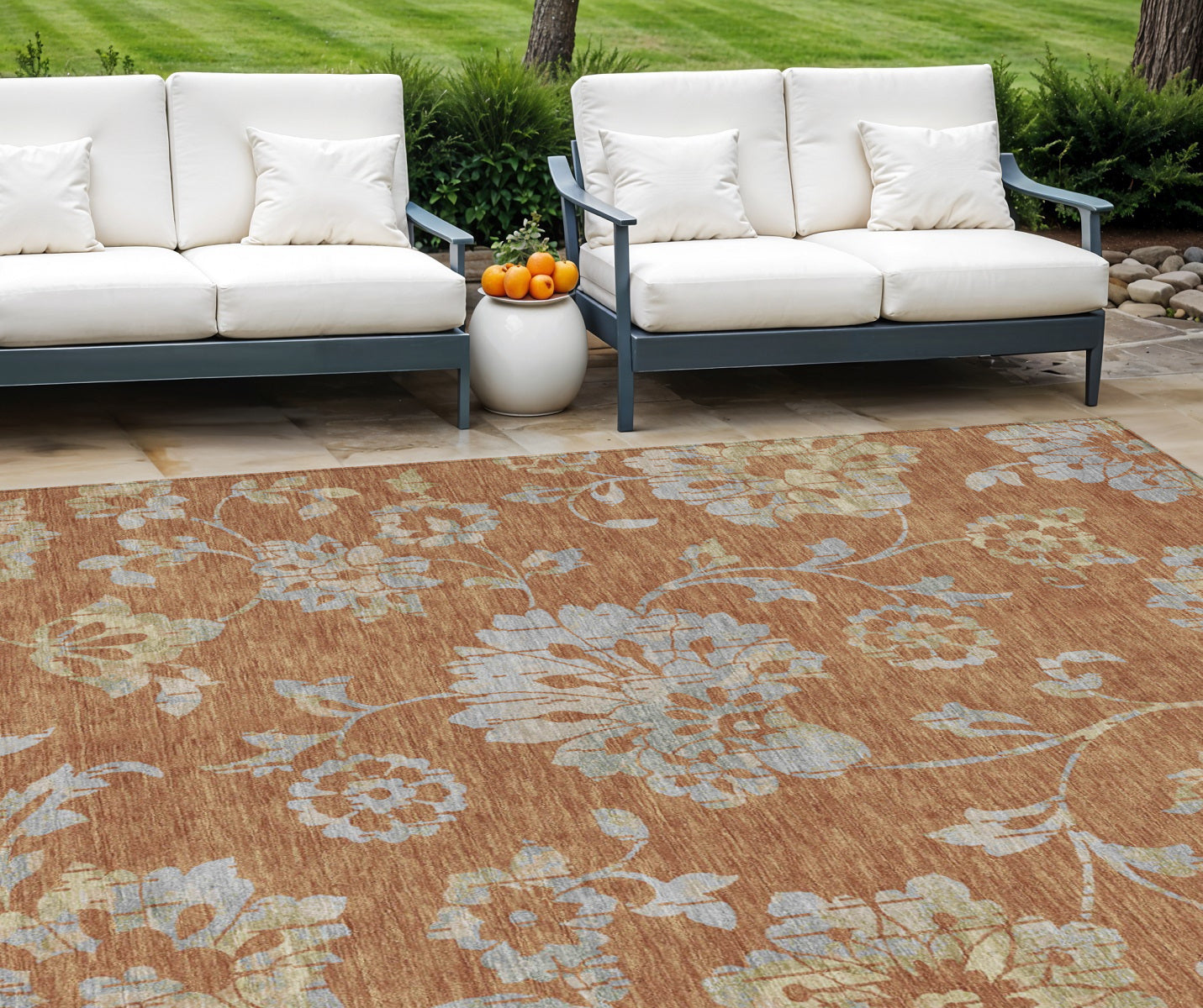 10 X 14 Orange Copper And Gray Floral Washable Indoor Outdoor Area Rug