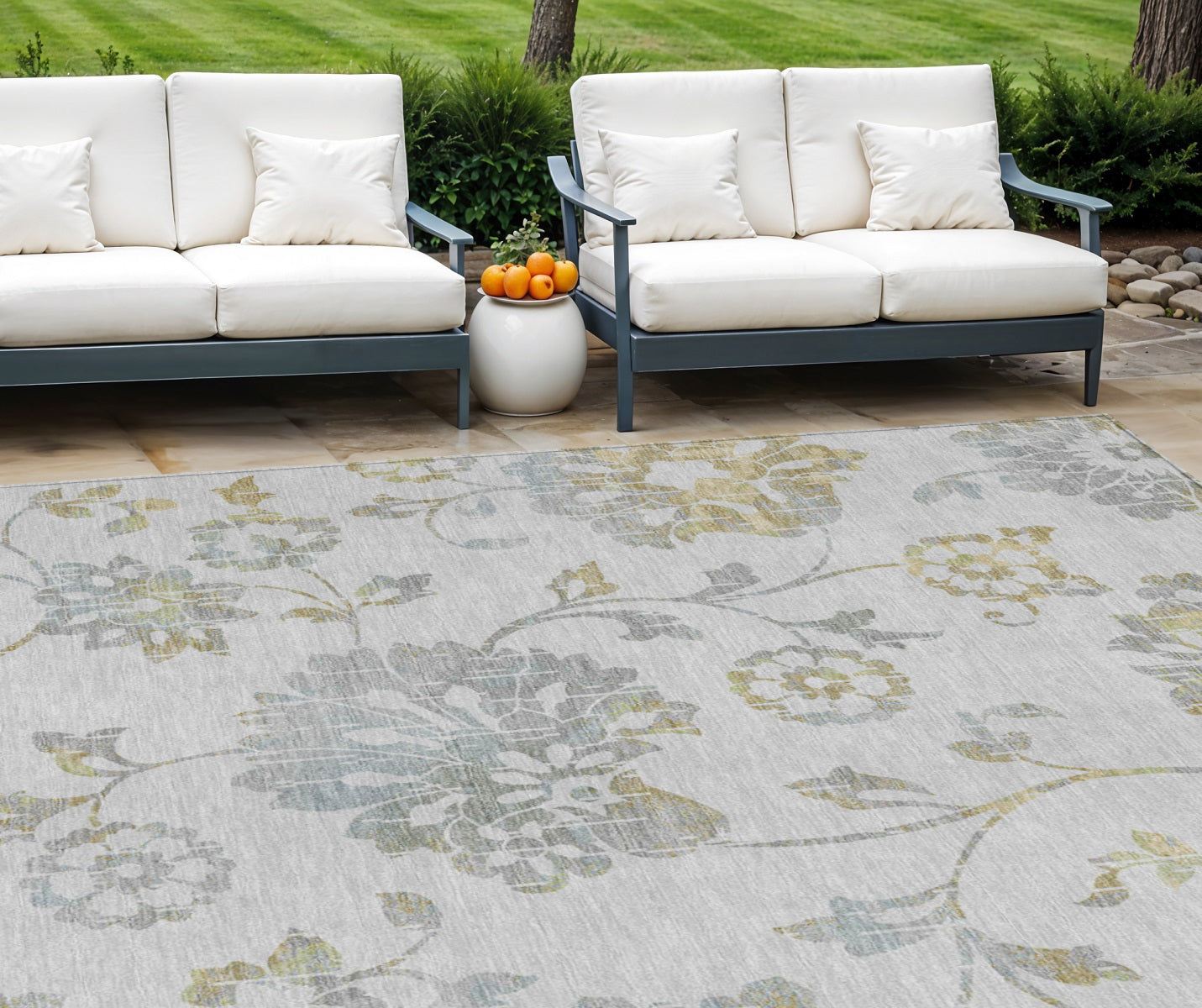 9 X 12 Silver Gray And Gold Floral Washable Indoor Outdoor Area Rug