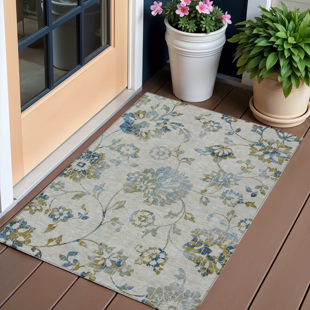 3 X 5 Taupe Navy Blue And Denim Blue Floral Washable Indoor Outdoor Area Rug