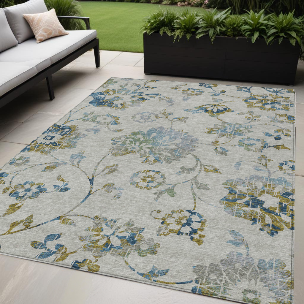 5 X 8 Taupe Navy Blue And Denim Blue Floral Washable Indoor Outdoor Area Rug