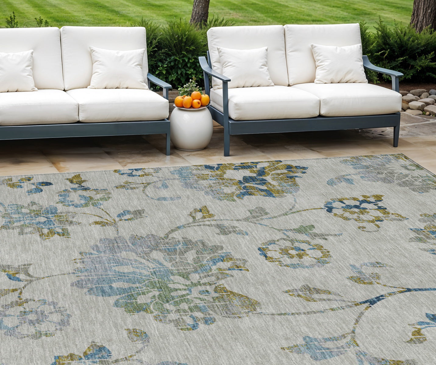 10 X 14 Taupe Navy Blue And Denim Blue Floral Washable Indoor Outdoor Area Rug