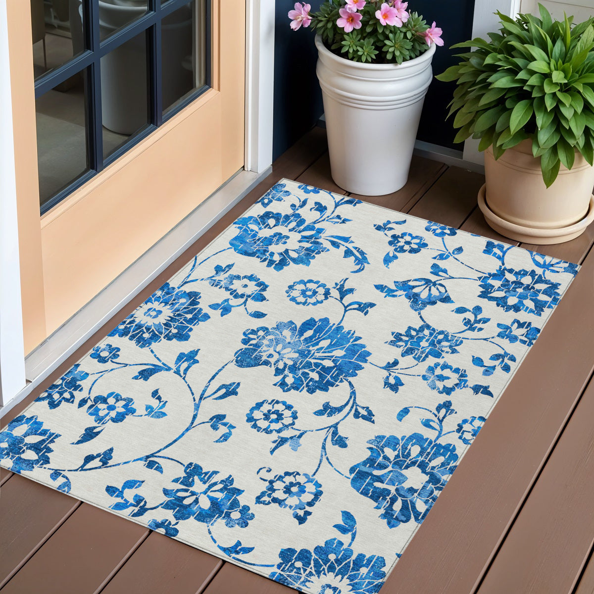 3 X 5 White And Denim Blue Floral Washable Indoor Outdoor Area Rug