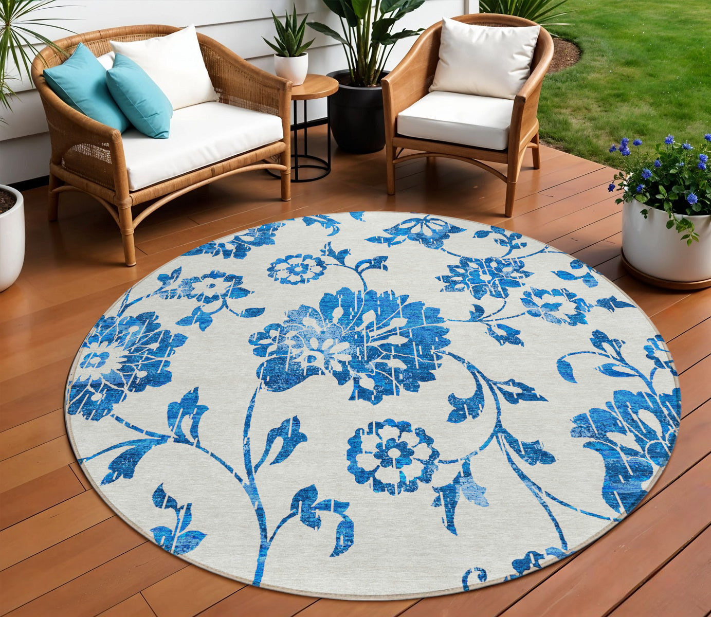 8 White And Denim Blue Round Floral Washable Indoor Outdoor Area Rug
