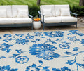 9 X 12 White And Denim Blue Floral Washable Indoor Outdoor Area Rug